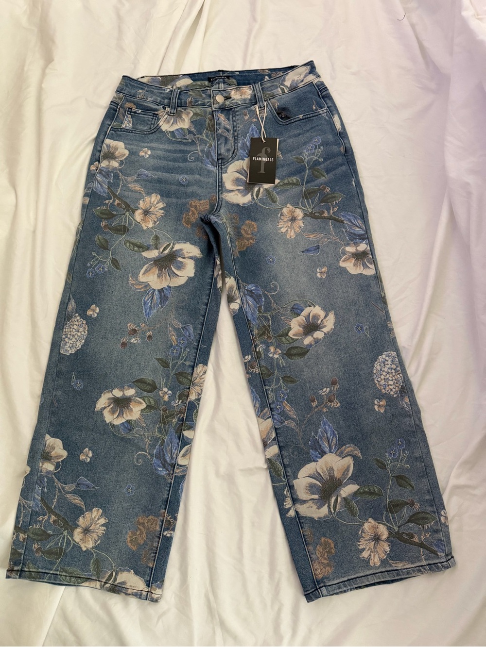 Floral Wide-Leg Jeans in Blue with Cream Accents